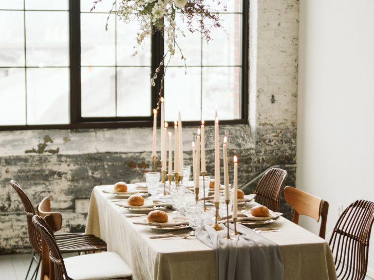 Minimal + simple wedding inspiration – hanging floral centerpiece, donut cake + stunning haley paige gown!
